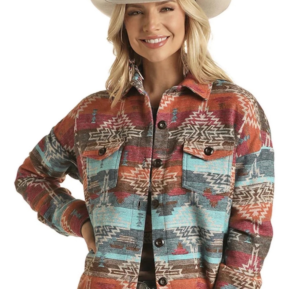 Red and Blue Utility Jacket with Southwestern Pattern
